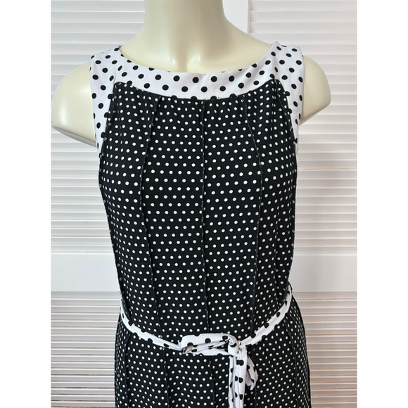 Haani Polka Dot Midi Dress Women’s L Black White Sleeveless Belted - Picture 2 of 11